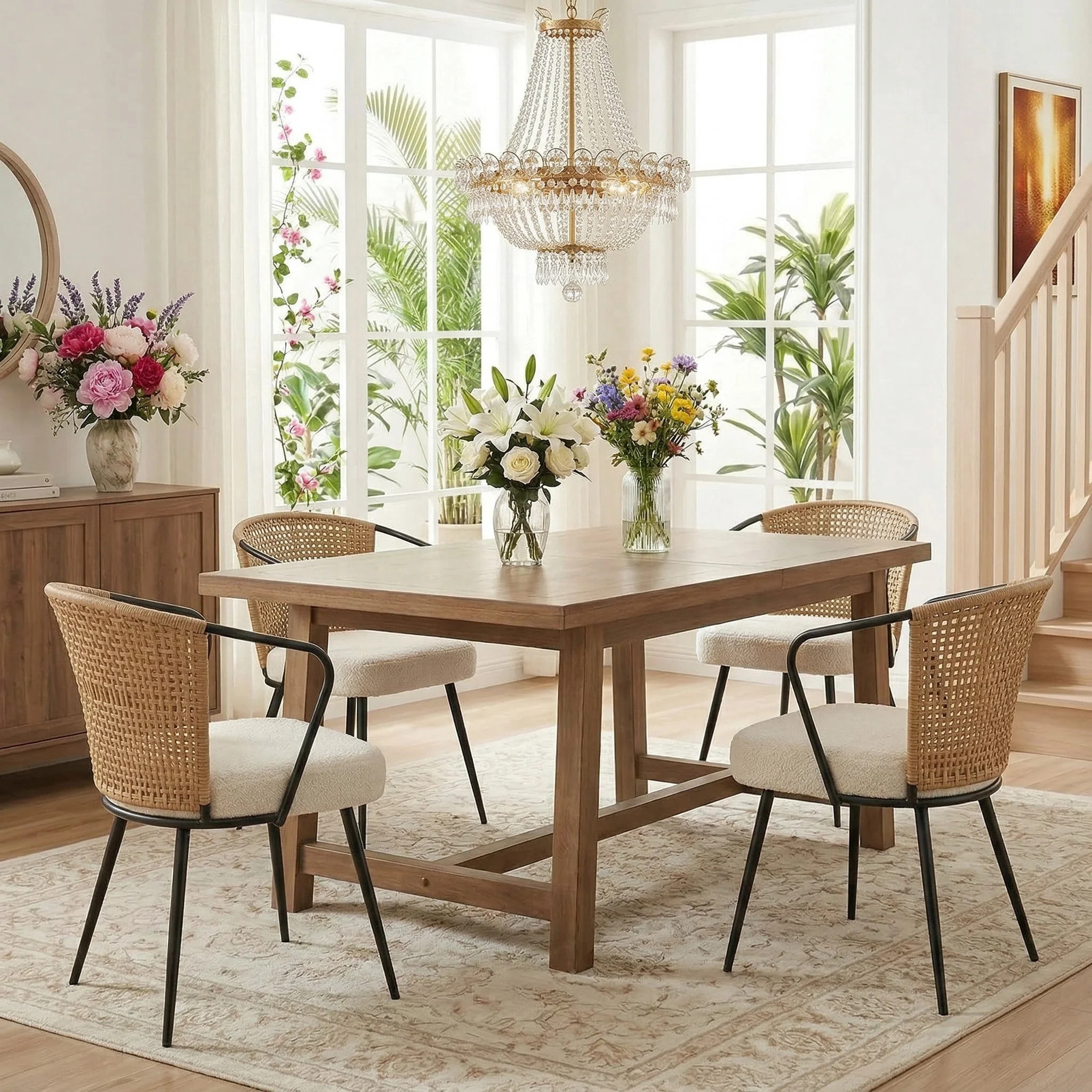 Sailvan Set of 4 Dining Chairs, Upholstered Rattan Kitchen & Dining Room Chairs with Rattan Backr... | Walmart (US)