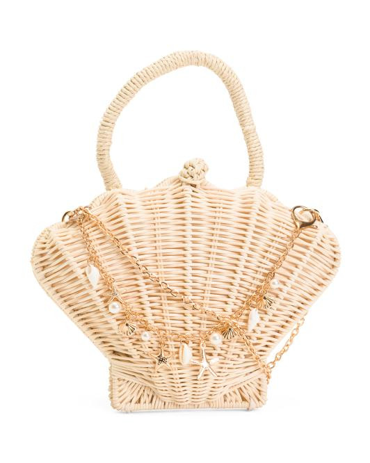 Faux Straw Sculpted Handbag With Charm Accented Chain Strap | TJ Maxx