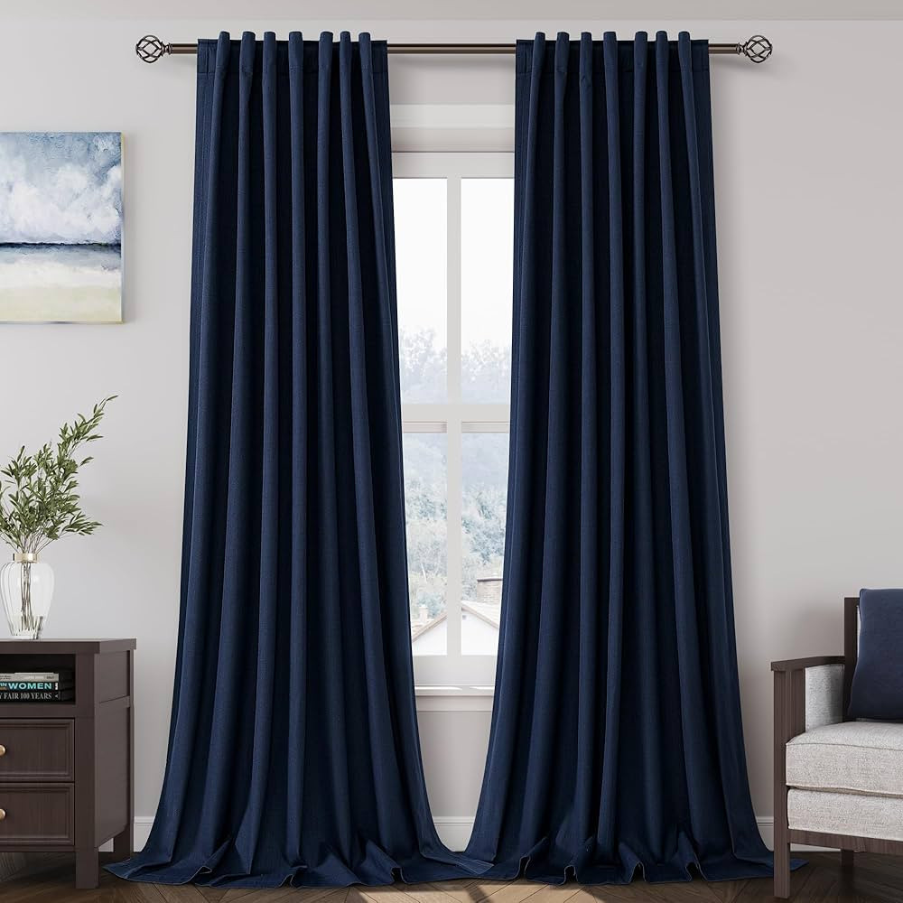 100% Blackout Linen Curtains 102 Inches Long 2 Panels for Bedroom Back Tab Pinch Pleated Black Ou... | Amazon (US)