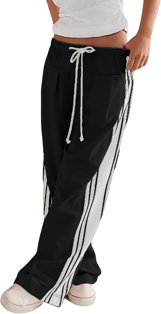 Hongsui Women's Wide Leg Pants Drawstring High Rise Side Striped Slouchy Palazzo Pants with Pocke... | Amazon (US)