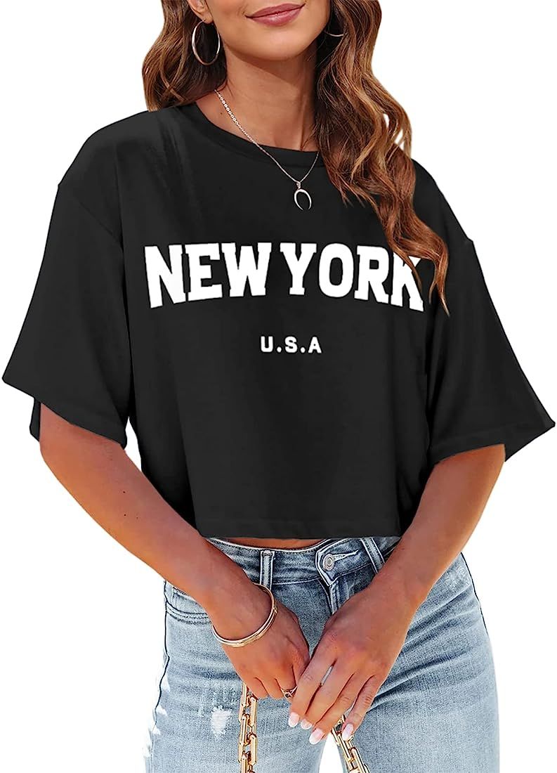 Tankaneo Womens Los Angeles California Letter Print Cropped T Shirt Half Sleeve Crop Tees Round Neck | Amazon (US)