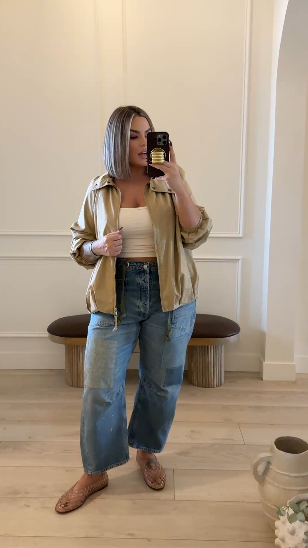Jacket xl 
Tank L 
Jeans size up - I’m doing a 32 
Shoes tts no need to size up 
#amazon #freepeople