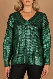 Cameron Crewneck Metallic Knit Sweater - Green | Petal & Pup (US)