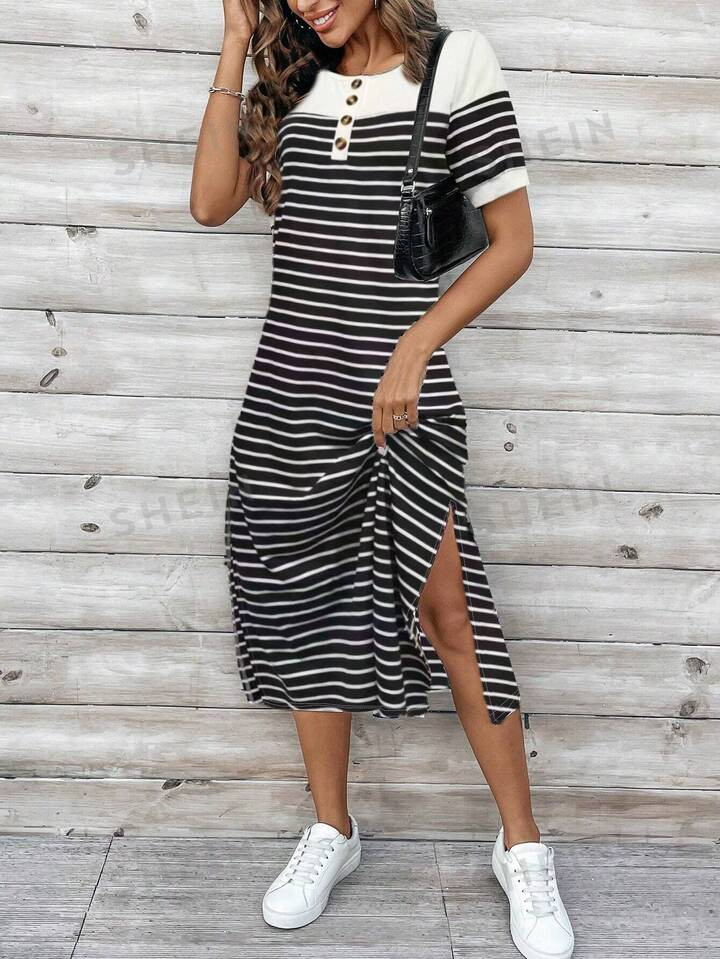SHEIN LUNE Women's Round-Neck Striped Printed Split Summer Short Sleeve Dress | SHEIN
