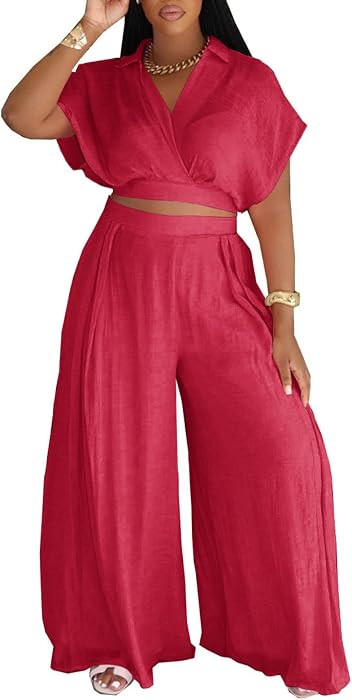 KEYUFANG Women's Summer 2 Piece Outfits Wrap V Neck Crop Top and Wide Leg Pants Sets Casual Vacat... | Amazon (US)
