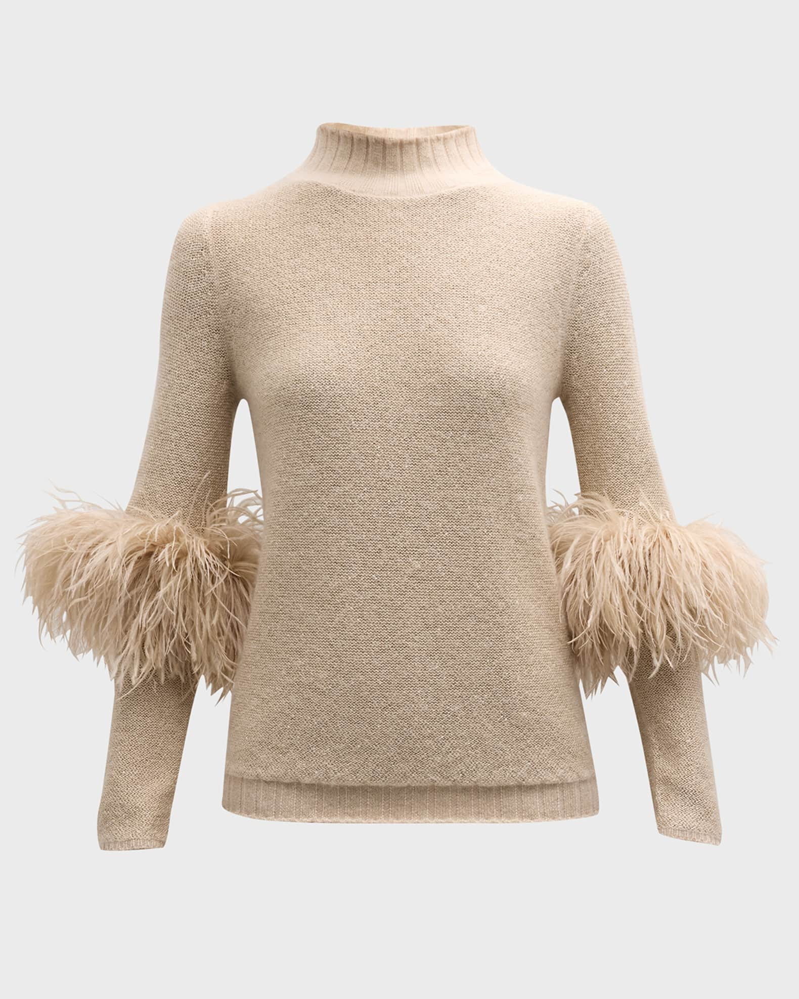 Cashmere Sequin Mock Neck Sweater with Feather Trim | Neiman Marcus