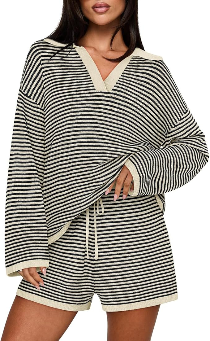 MEROKEETY Lounge Sweater Sets for Women 2 Piece Outfits Casual Long Sleeve Striped Tops Shorts Ma... | Amazon (US)