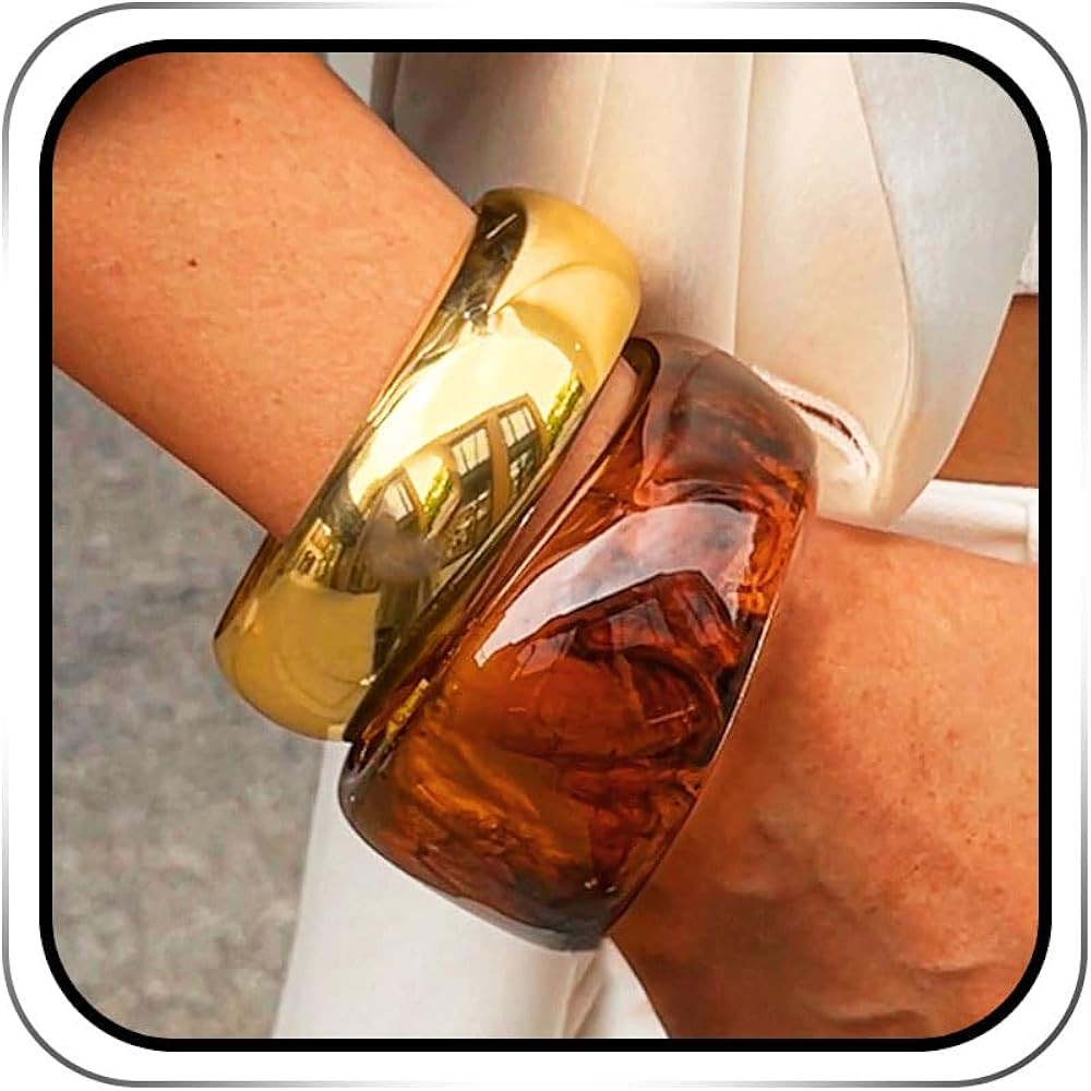 Chunky Resin Bangle Bracelet Set Gold Round Acrylic Wide Wristbands Statement 2PCS Jewelry for Wo... | Amazon (US)