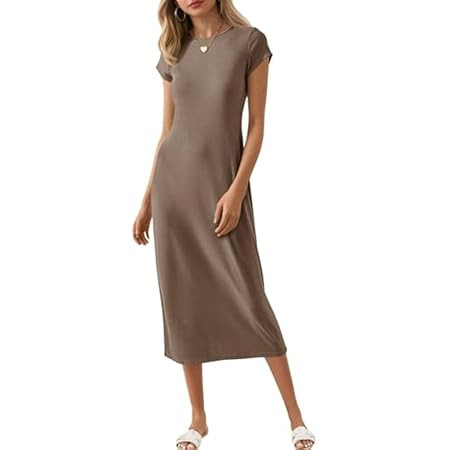 Arach&Cloz Womens Summer Casual Short Sleeve Crew Neck Wool Blend T Shirt Split Maxi Long Dress 2... | Amazon (US)