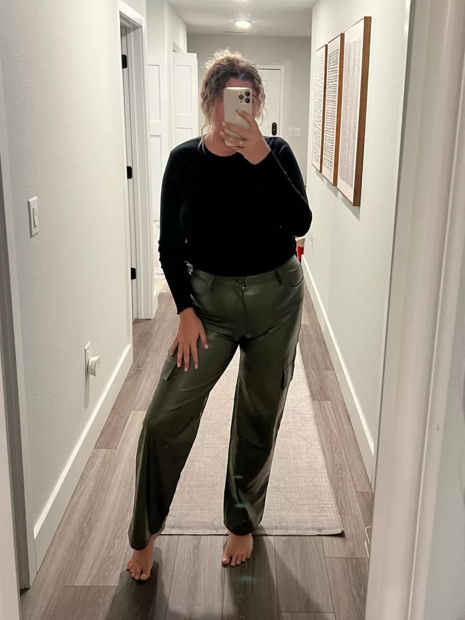 Casual winter outfit, work outfit, faux leather green pants, basic long sleeve black top, Abercrombie outfit, midsize fashion

#LTKSeasonal #LTKmidsize #LTKstyletip
