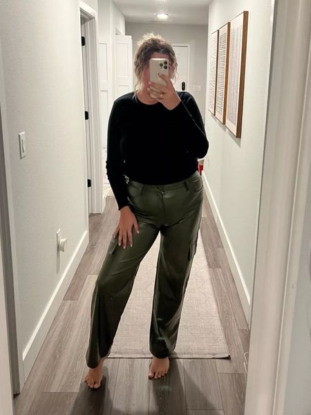 Casual winter outfit, work outfit, faux leather green pants, basic long sleeve black top, Abercrombie outfit, midsize fashion

#LTKSeasonal #LTKmidsize #LTKstyletip