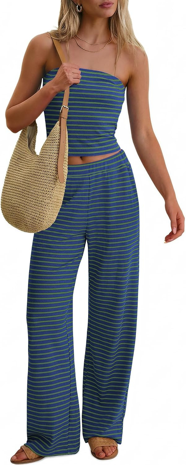 ANRABESS Women 2 Piece Sets Summer Striped Outfits Matching Tube Top Wide Leg Lounge Pants 2026 Travel Beach Vacation Clothes | Amazon (US)