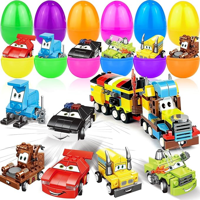 12 Pack 3" Large Filled Easter Eggs with Stem Toy Cars Kids Easter Basket Essential Plastic Surpr... | Amazon (US)