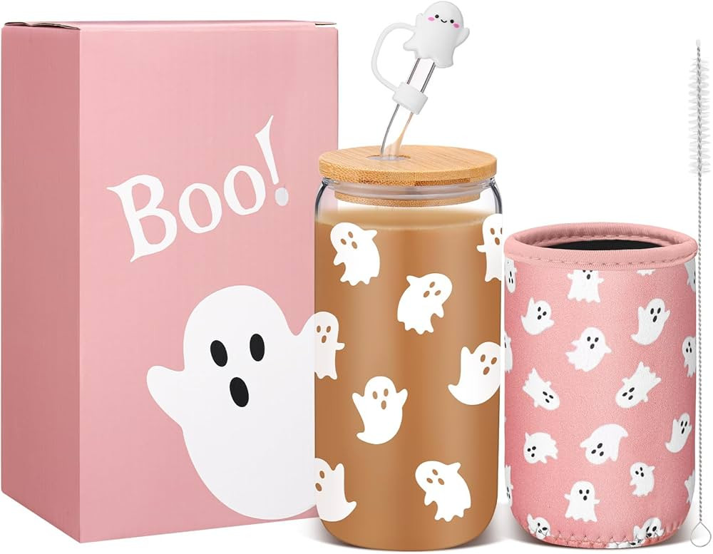 Halloween Glass Coffee Cup with Lid and Straw 16oz Spooky Iced Coffee Mug with Sleeve Boo Basket ... | Amazon (US)