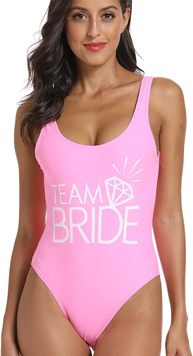 Bride and Team Bride Diamond Print One Piece Swimsuit Bathing Suits with Padding | Amazon (US)