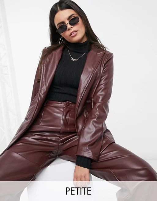 Missguided Petite co-ord faux leather boyfriend blazer in chocolate | ASOS (Global)