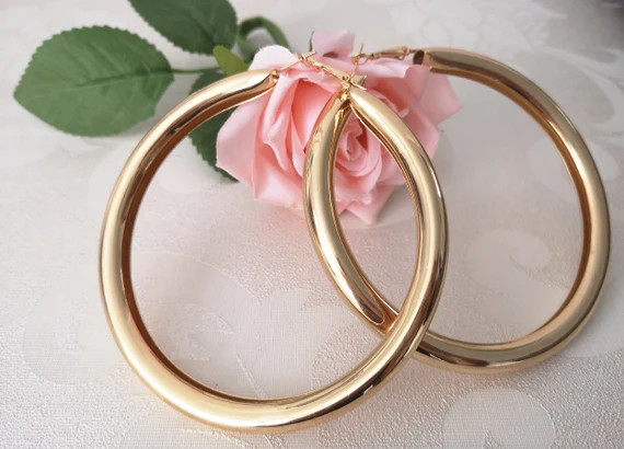 Oversized big gold tone chunky - thick hollow tube round metal hoop earrings - Big - huge hoops -... | Etsy (US)