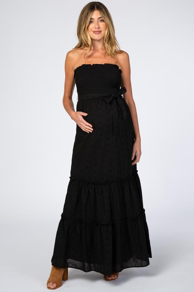 Black Strapless Smocked Front Eyelet Maternity Maxi Dress | PinkBlush Maternity