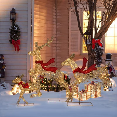 LuxenHome 3-Piece Champagne Gold PET Running Deer Family Outdoor Holiday Decoration with Lights Brown, Red | Target