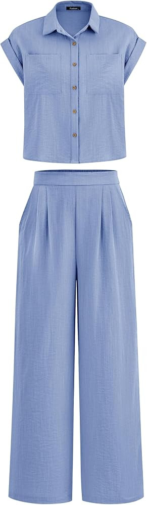 PRETTYGARDEN Womens 2 Piece sets Summer Cap Sleeve Tops Palazzo Pants Dressy Casual Vacation Trav... | Amazon (US)