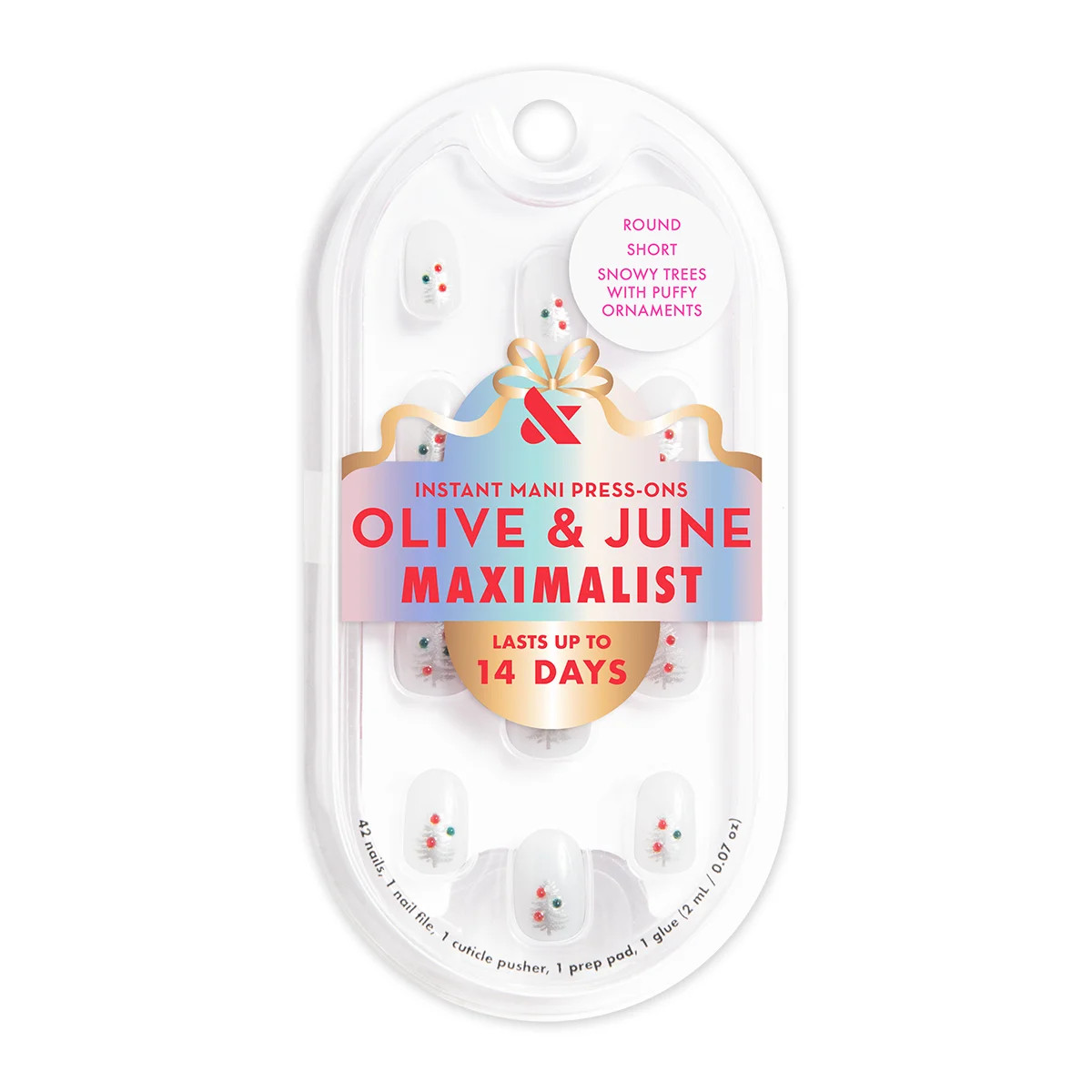 Olive & June Press On Maximalist Snowy Trees w/Puffy Ornaments, Extra Short, Round | Walmart (US)