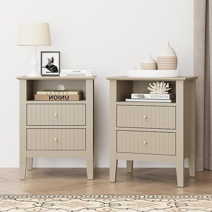 RoyalCraft Beige Fluted Nightstand Set of 2, Colorful Nightstand with 2 Drawers, Modern Wooden En... | Amazon (US)