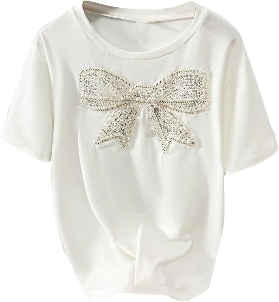 RoseSeek Girl's Bowknot Pearl Sequin Tops Crew Neck Short Sleeve Casual Tops Summer Cute Clothes ... | Amazon (US)