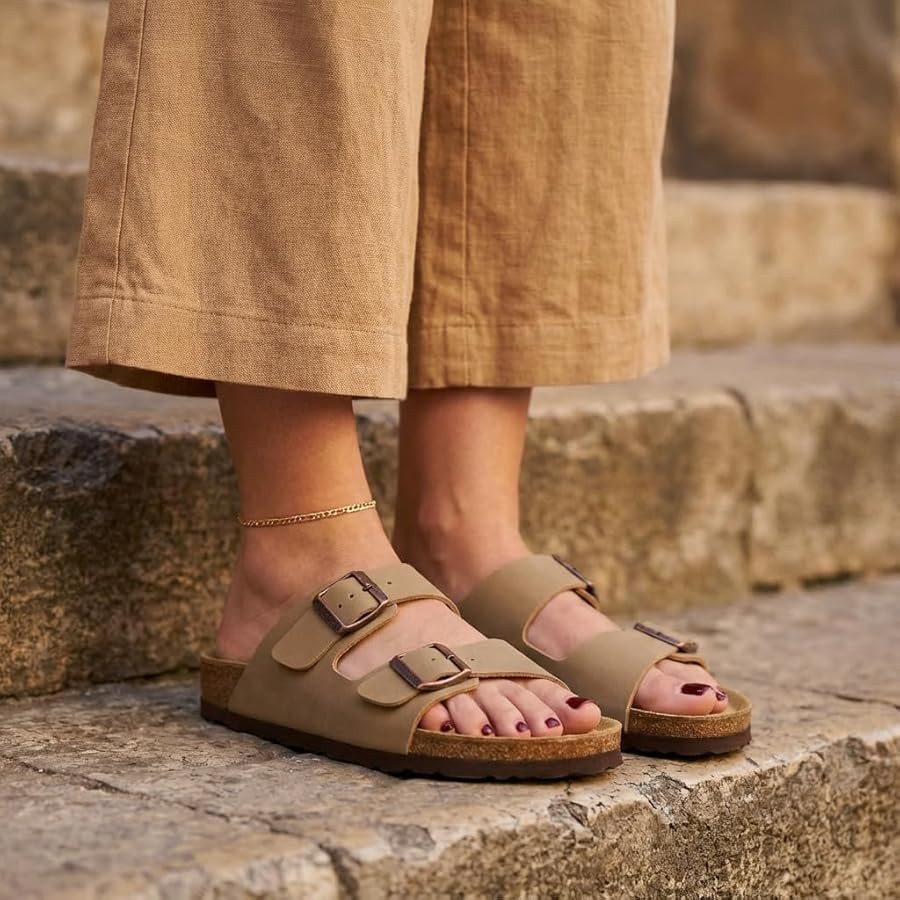 Amazon.com | CUSHIONAIRE Lane Cork Footbed Womens Sandals Comfortable Double Buckle Slip On Sanda... | Amazon (US)