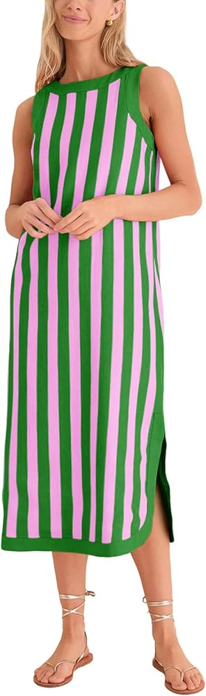 Yidarer Womens Striped Midi Dress Sleeveless Crewneck Side Slit Casual Summer Beach Vacation Sund... | Amazon (US)
