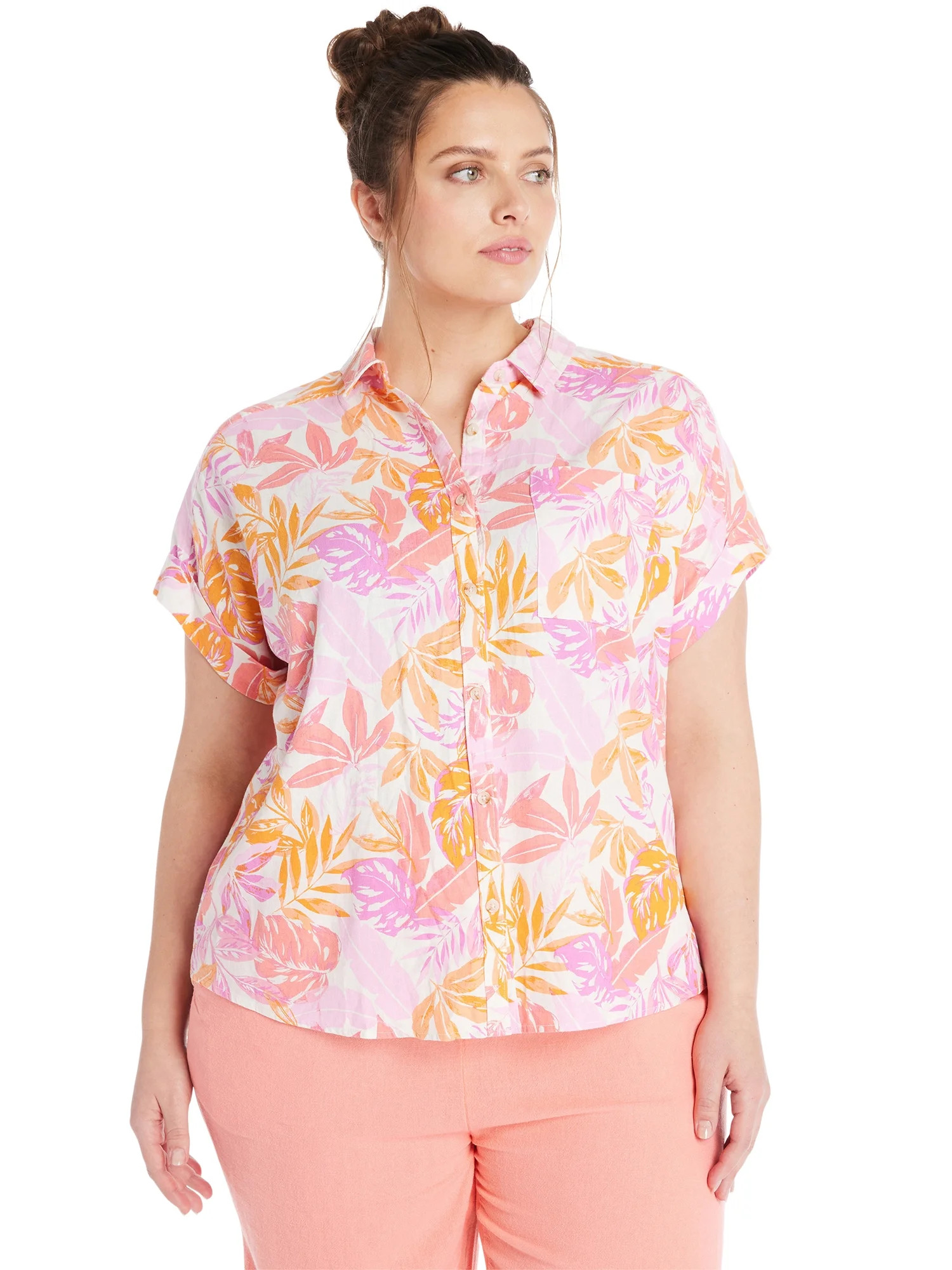 Terra & Sky Women’s Plus Size Short-Sleeve Button-Front Camp Shirt, Sizes 0X-5X | Walmart (US)