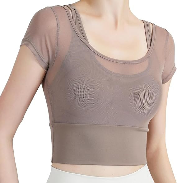 Harssidanzar 2 in 1 Yoga Short Sleeve for Women Mesh Gym Athletic Tops Workout T-Shirts with Spor... | Amazon (US)