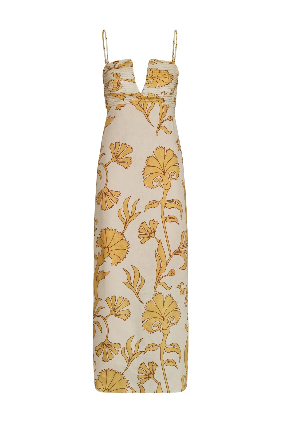 Antigüa Linen Midi Dress in Yellow Flowers | Over The Moon