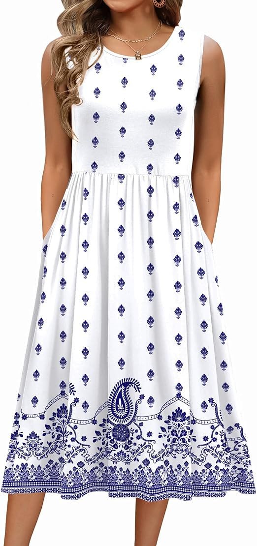 Zeagoo Women's Summer Tank Midi Dress with Pockets Floral Sleeveless A-Line Casual Loose T-Shirt ... | Amazon (US)