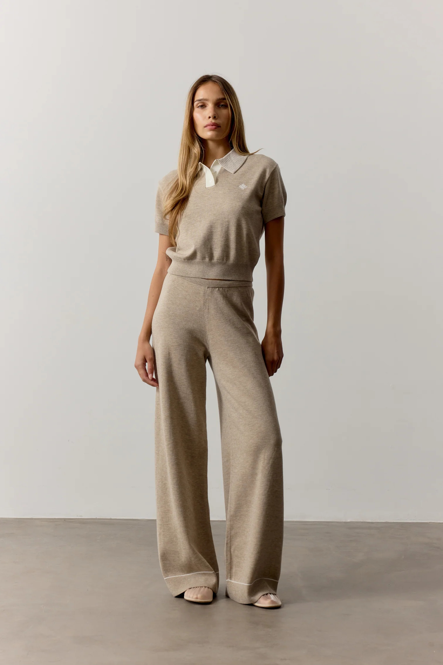 KNITTED PANEL TROUSERS - BEIGE | The Couture Club