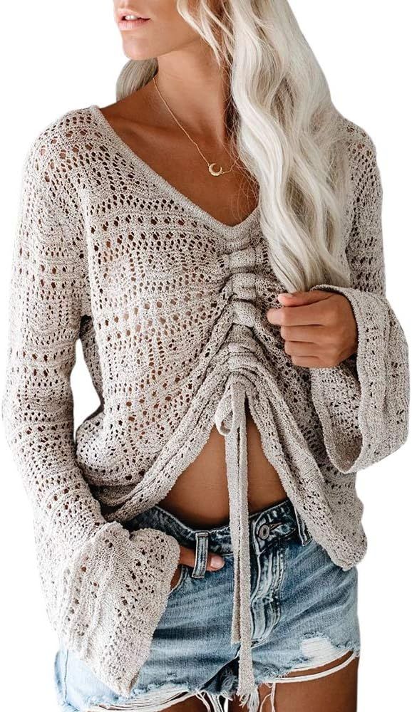 Saodimallsu Womens Boho Off Shoulder Sheer Crop Tops Bell Sleeve Flowy Oversized Crochet Ruched Pull | Amazon (US)