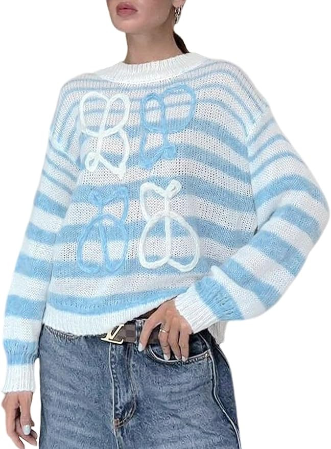 Wyeysyt Womens Oversized Sweater Rainbow Contrast Striped Batwing Long Sleeve Crochet Pullover Sw... | Amazon (US)