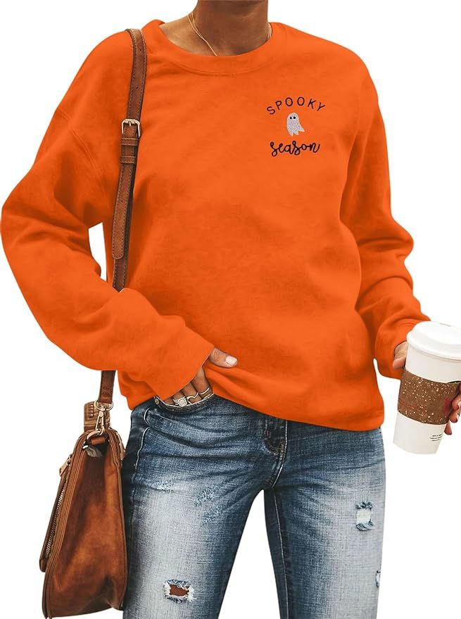 Cycgttpl Spooky Season Sweatshirt Women Halloween Cute Ghost Graphic Pullover Tops Casual Crew Ne... | Amazon (US)
