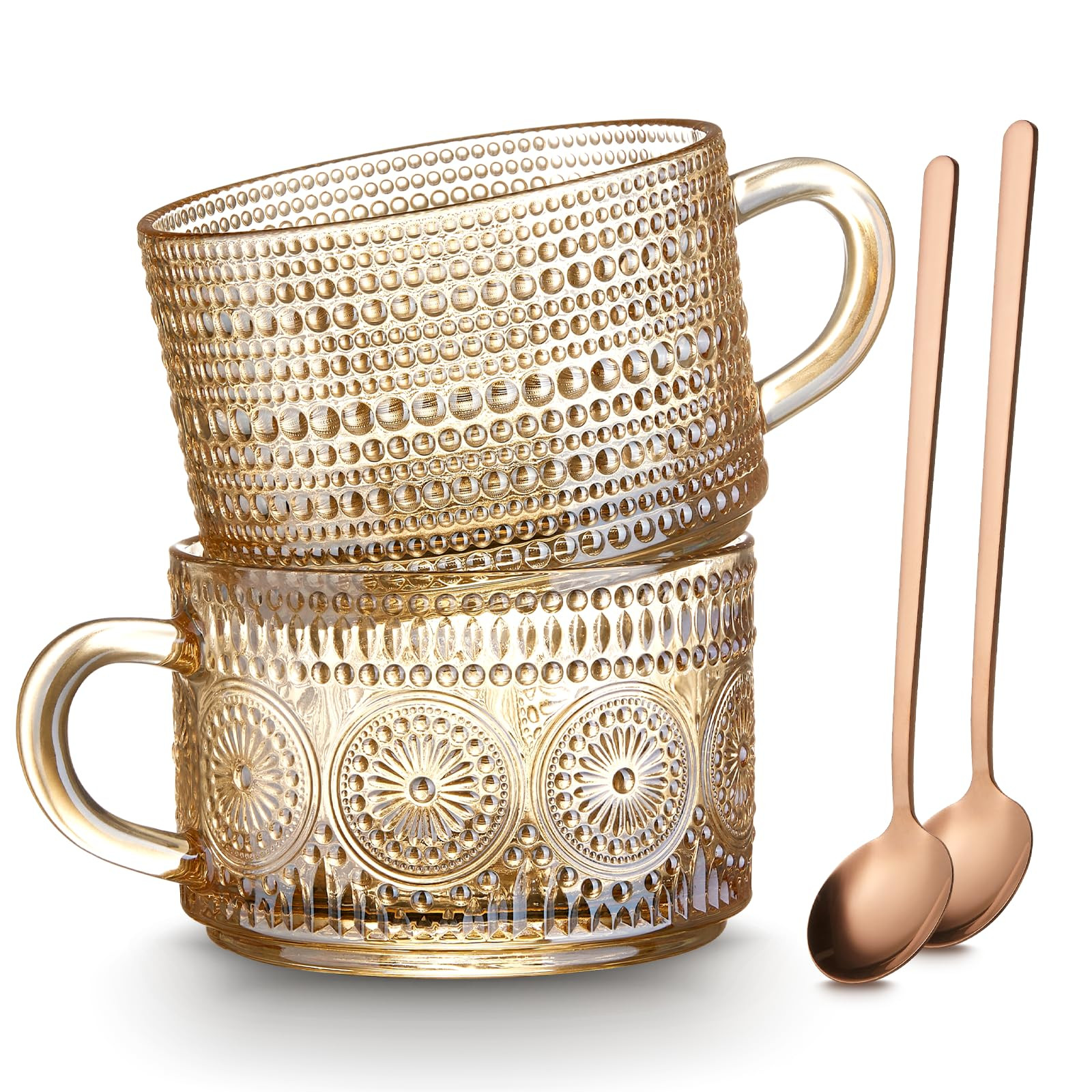 MFACOY Vintage Coffee Mugs Set of 2, 14 oz Glass Tea Cups with Handle, Amber Embossed Glass Cups ... | Amazon (US)