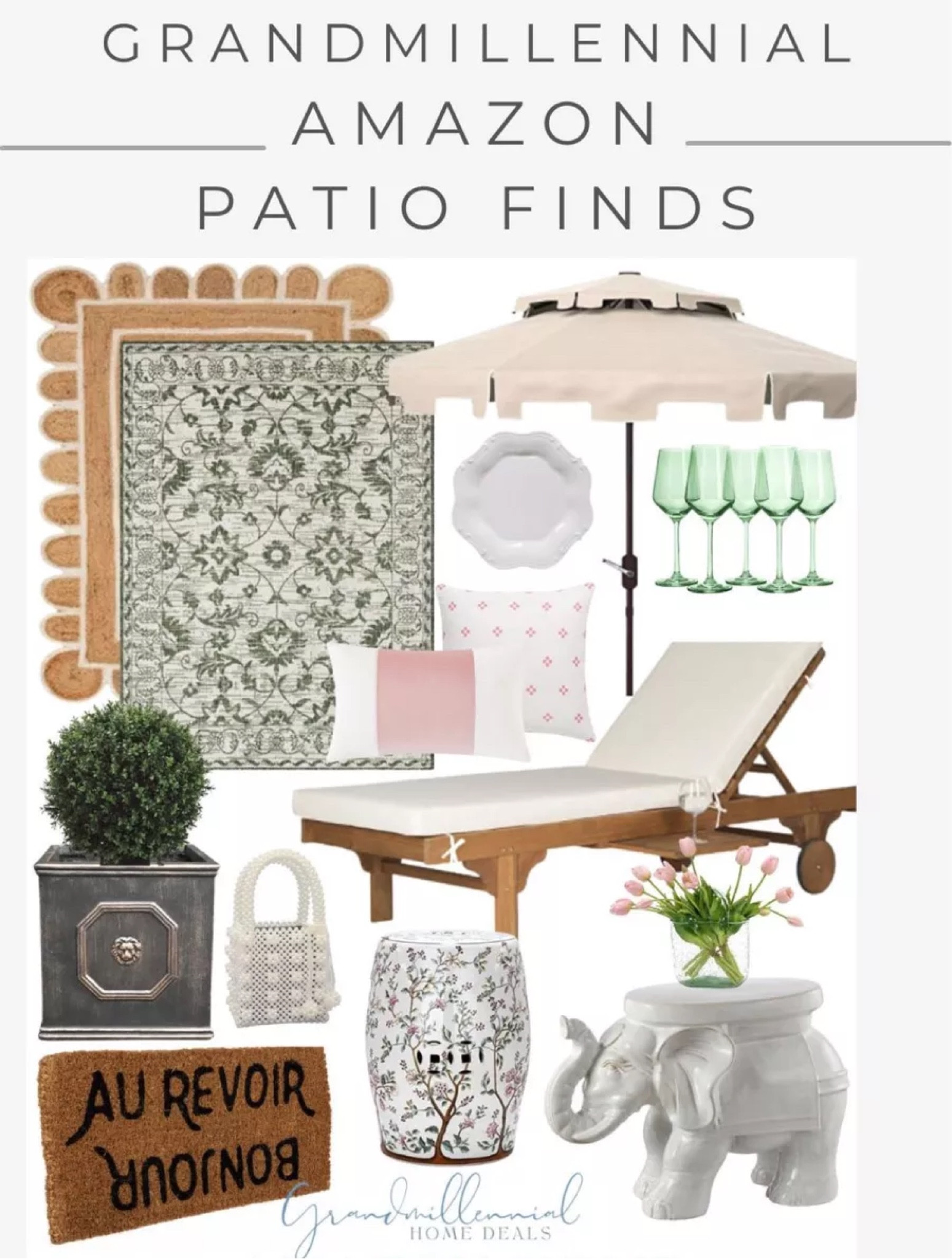 Spring patio, Grandmillennial, outdoor rug, patio umbrella, planters, garden stool, glasses, wine glasses

#LTKhome #LTKfamily #LTKSeasonal