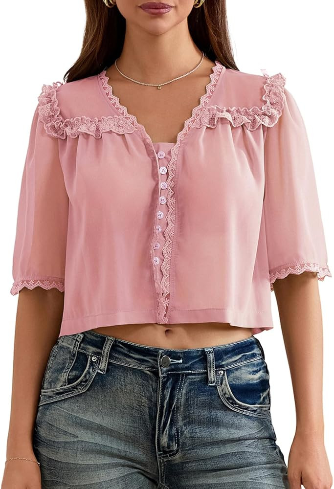 Women Sexy Chiffon Shirt Y2k Fairycore V Neck 3/4 Sleeve Lace Shirt See Through Button Down Blous... | Amazon (US)