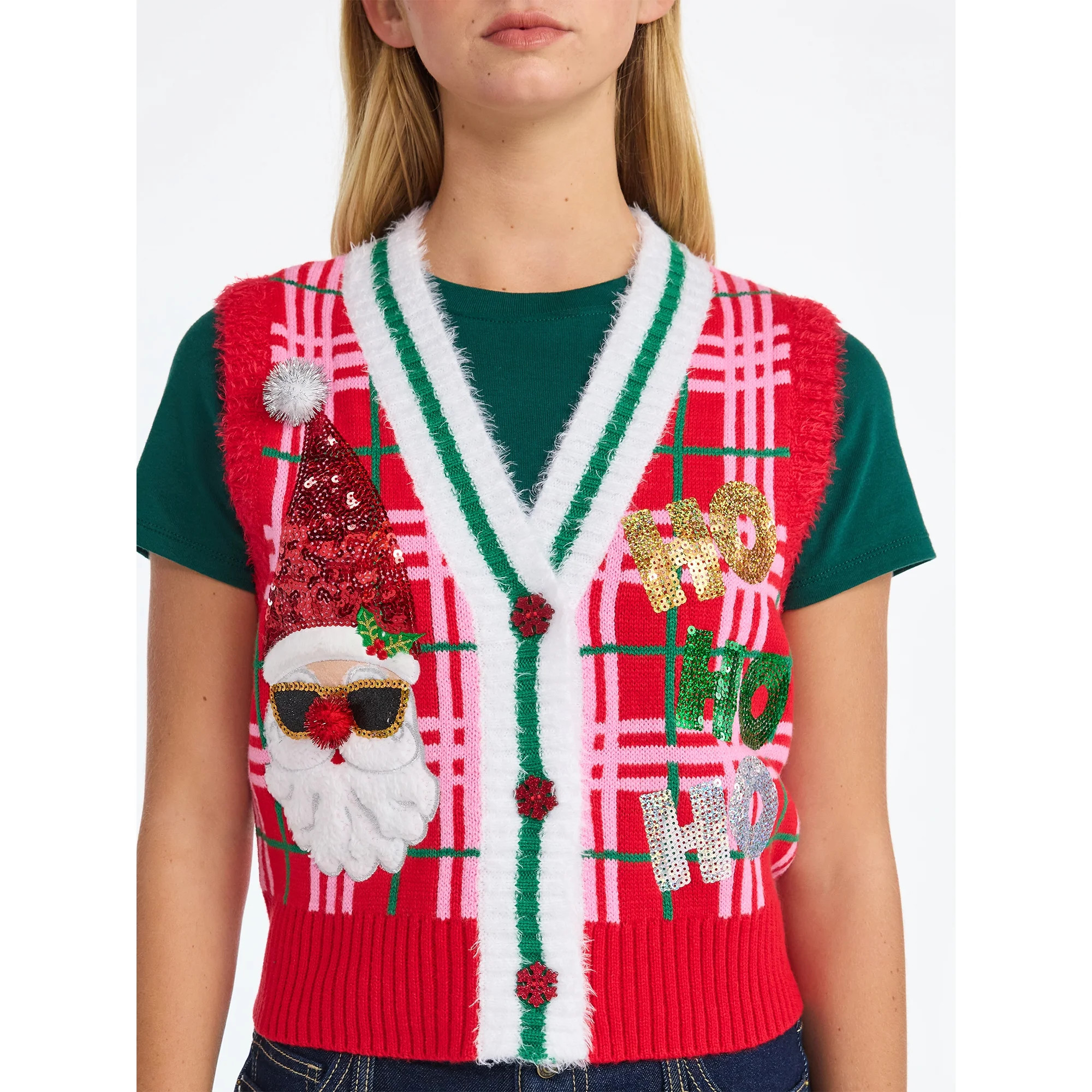 No Boundaries V-Neck Button Front Christmas Vest, Women’s | Walmart (US)