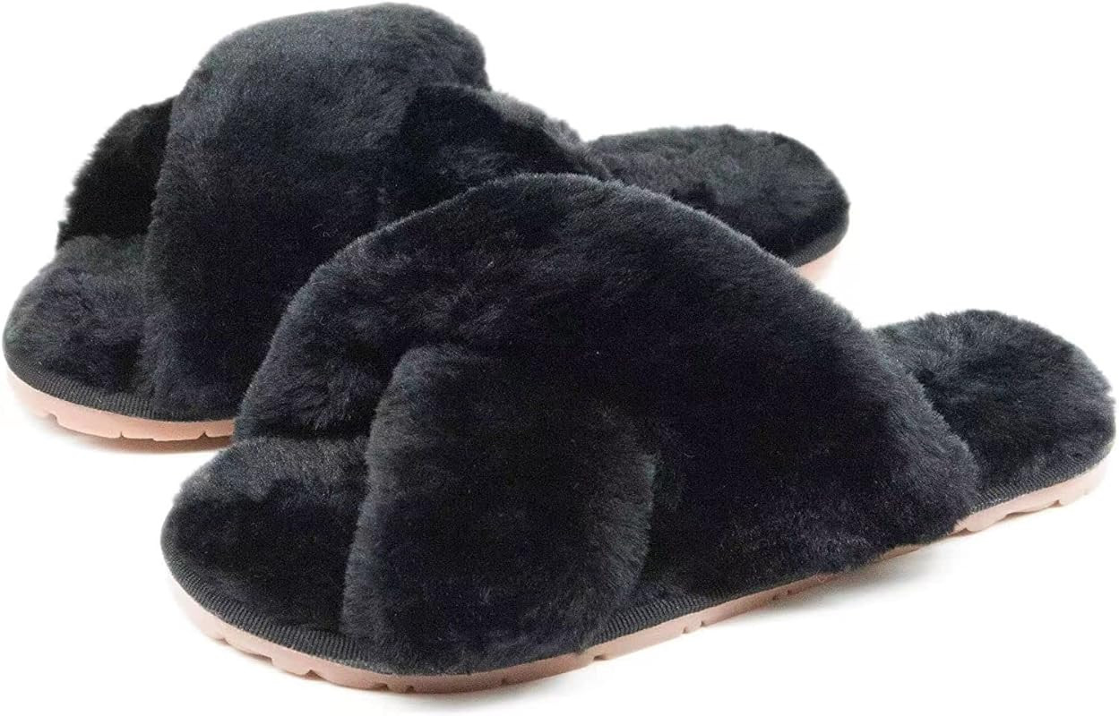 Women's Fuzzy Cozy Cross Band House Slippers Soft Plush Furry Fur Open Toe Memory Foam Winter Warm C | Amazon (US)
