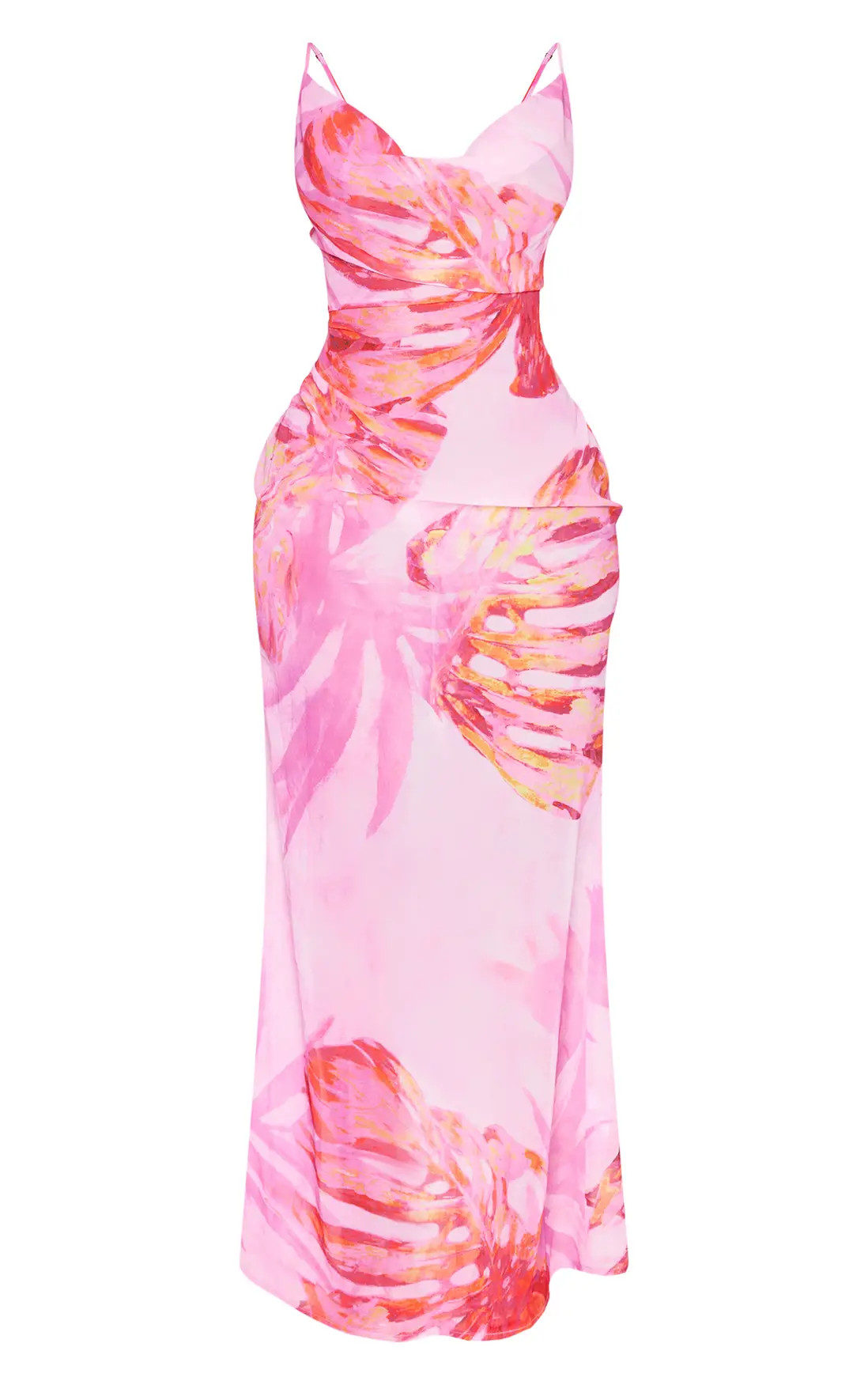 Pink Tropical Print Strappy Cowl Neck Maxi Dress | PrettyLittleThing USA | PrettyLittleThing US