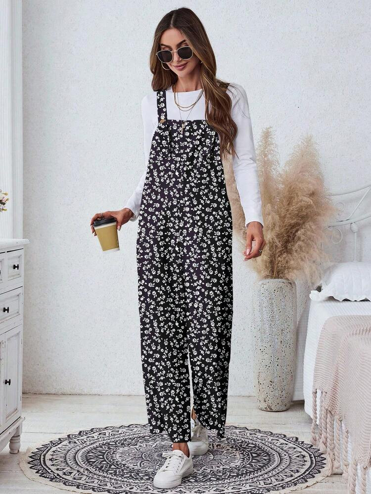 SHEIN LUNE Women's Casual Printed Everyday Pocket Wide Leg Jumpsuit Suitable For Going Out Floral Jumpsuit For Women Black And White Jumpsuit For Women Loose Jumpsuits For Women Jumpsuits For Women | SHEIN
