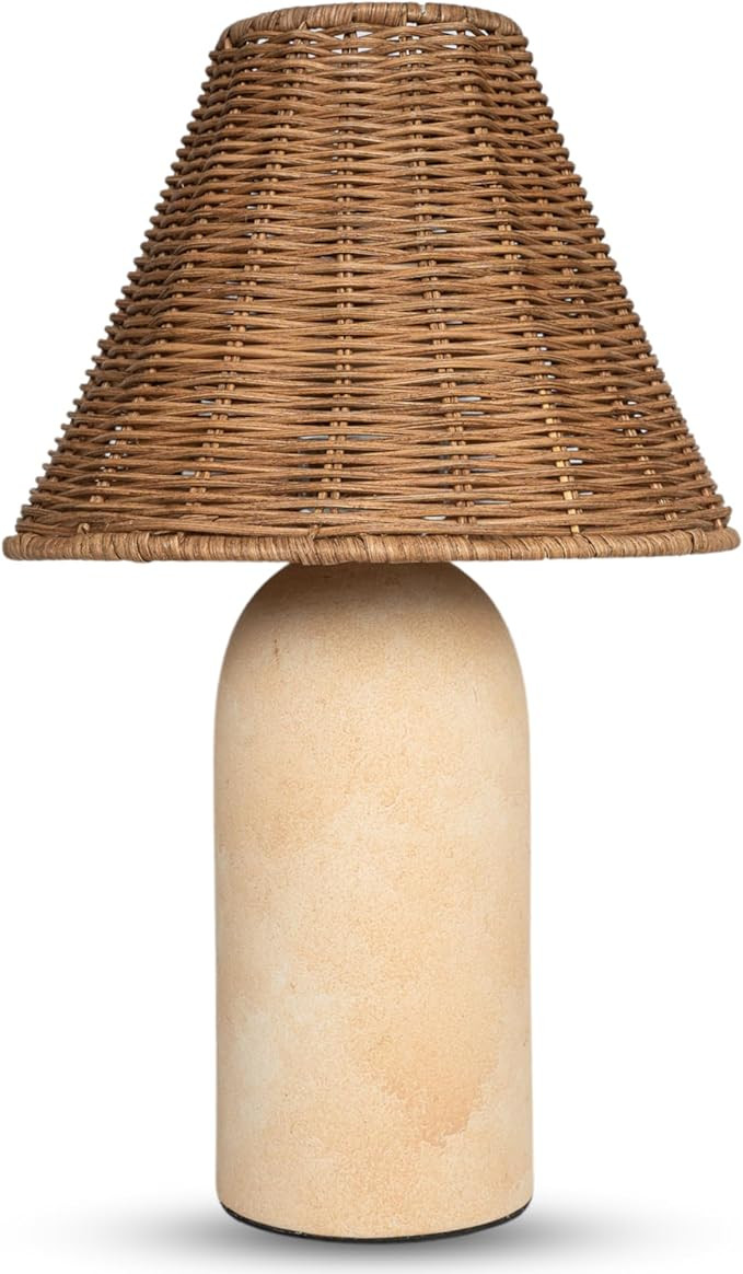 14" Small Mini Wicker Table Lamp – Handmade Ceramic Base with Rattan Shade, Dimmable Nightstand... | Amazon (US)