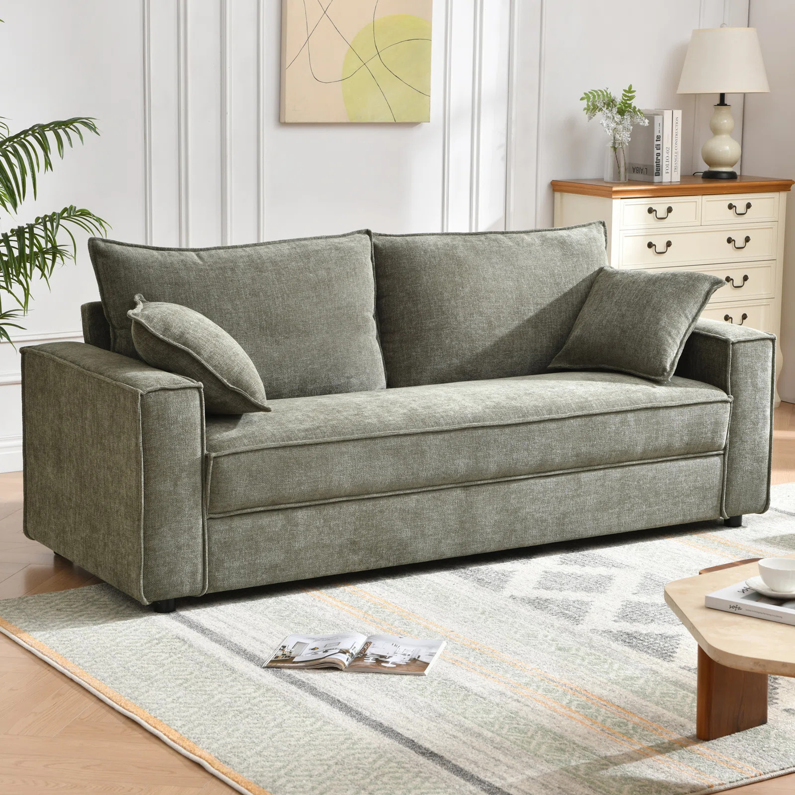 Alcantara 3-Seater 79.5'' Modern Upholstered Sofa with Square Armrests and 2 Throw Pillows | Wayfair North America