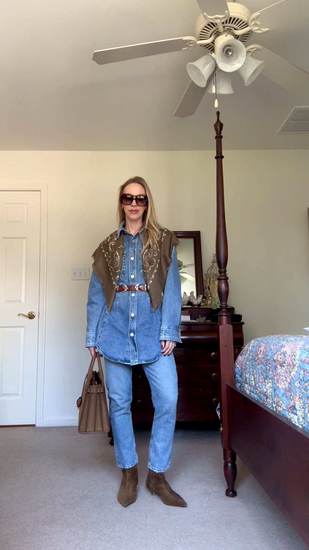 Western fall outfit, denim on denim, all denim outfit, bandana scarf, suede handbag

#LTKOver40 #LTKSeasonal #LTKgrwm