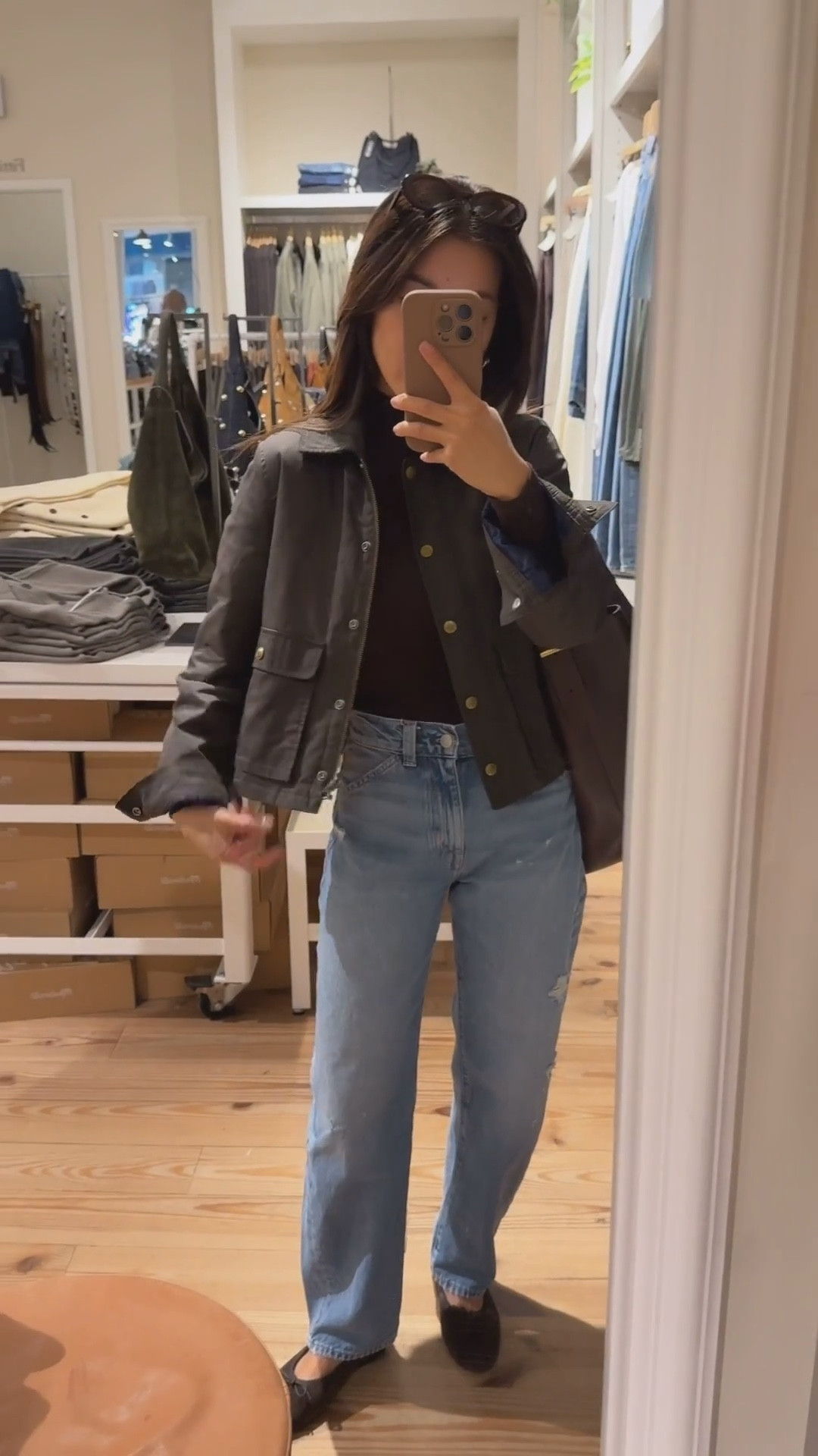 • J.Crew cropped barn jacket xxs - petite friendly cut. lightweight but quilted for warmth, comes in 4 colors, has a corduroy collar and pleated back

• Madewell petite balloon jeans 24 petite (runs s little smaller at the waist than their other styles)

• Old Madewell mockneck turtleneck - linked similar styles

• Madewell ballet flats 5.5 - I am usually in between 5 to 5.5 and took the bigger half

• Madewell bucket tote

• Madewell oval sunglasses

Mom style, petite friendly, fall transition outfit

#LTKSeasonal #LTKStyleTip #LTKPetite