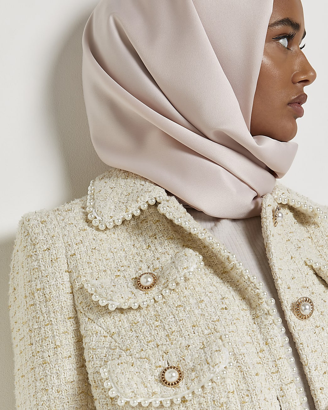 Cream boucle pearl cropped jacket | River Island (UK & IE)