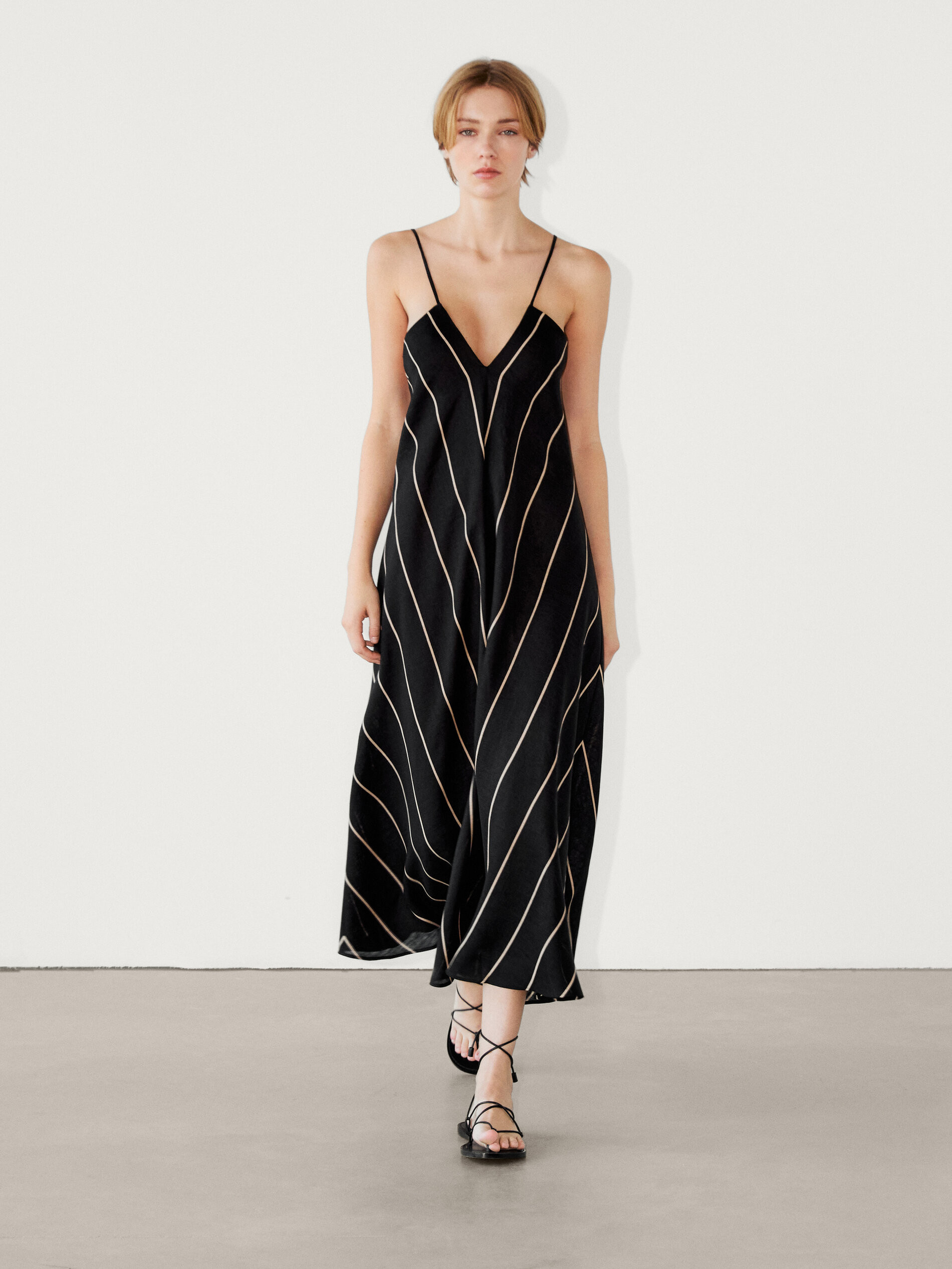 100% linen striped midi dress | Massimo Dutti UK